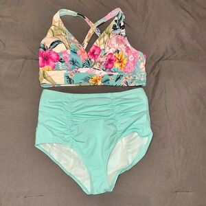 Floral Bikini Top and Mint High-Waisted Bottoms